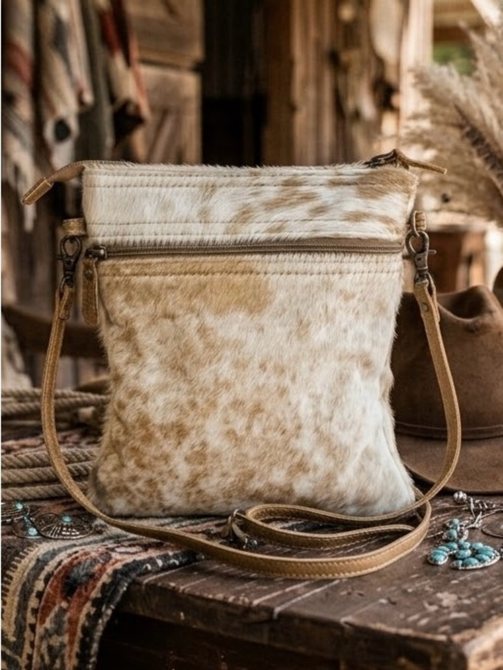 NWOT Myra Full Hair-On Cowhide 3-Compartment Crossbody Bag | Western Boho - Picture 5 of 11